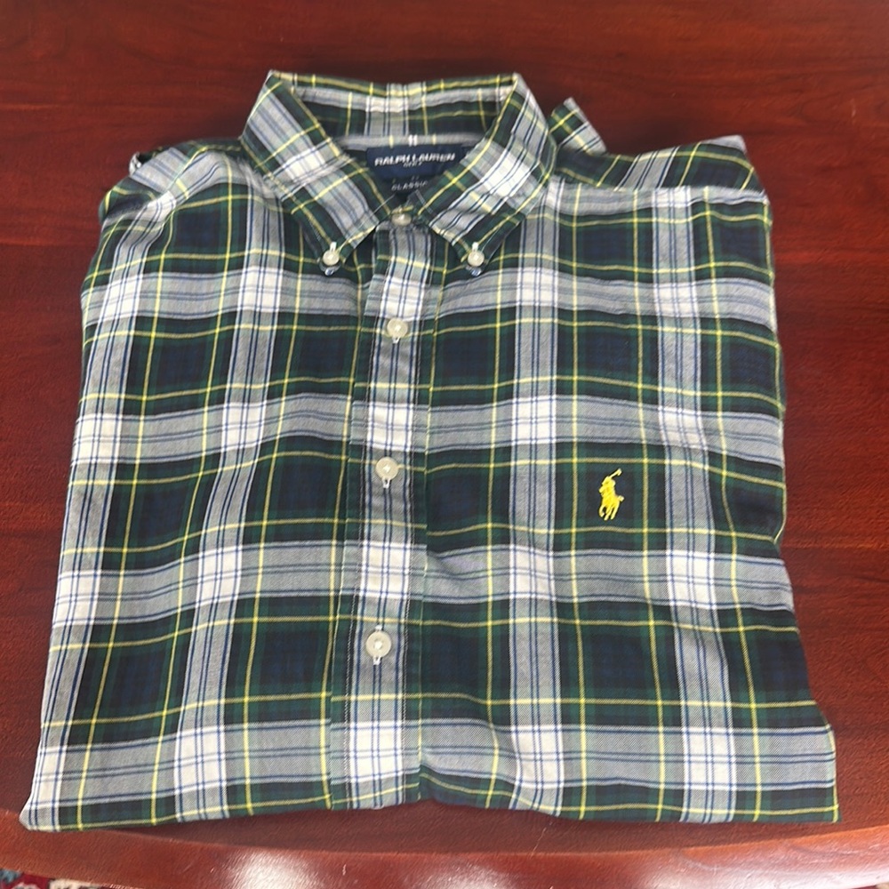 Ralph Lauren Golf Green Plaid Button Down Long Sleeve Shirt Excellent Used Cond